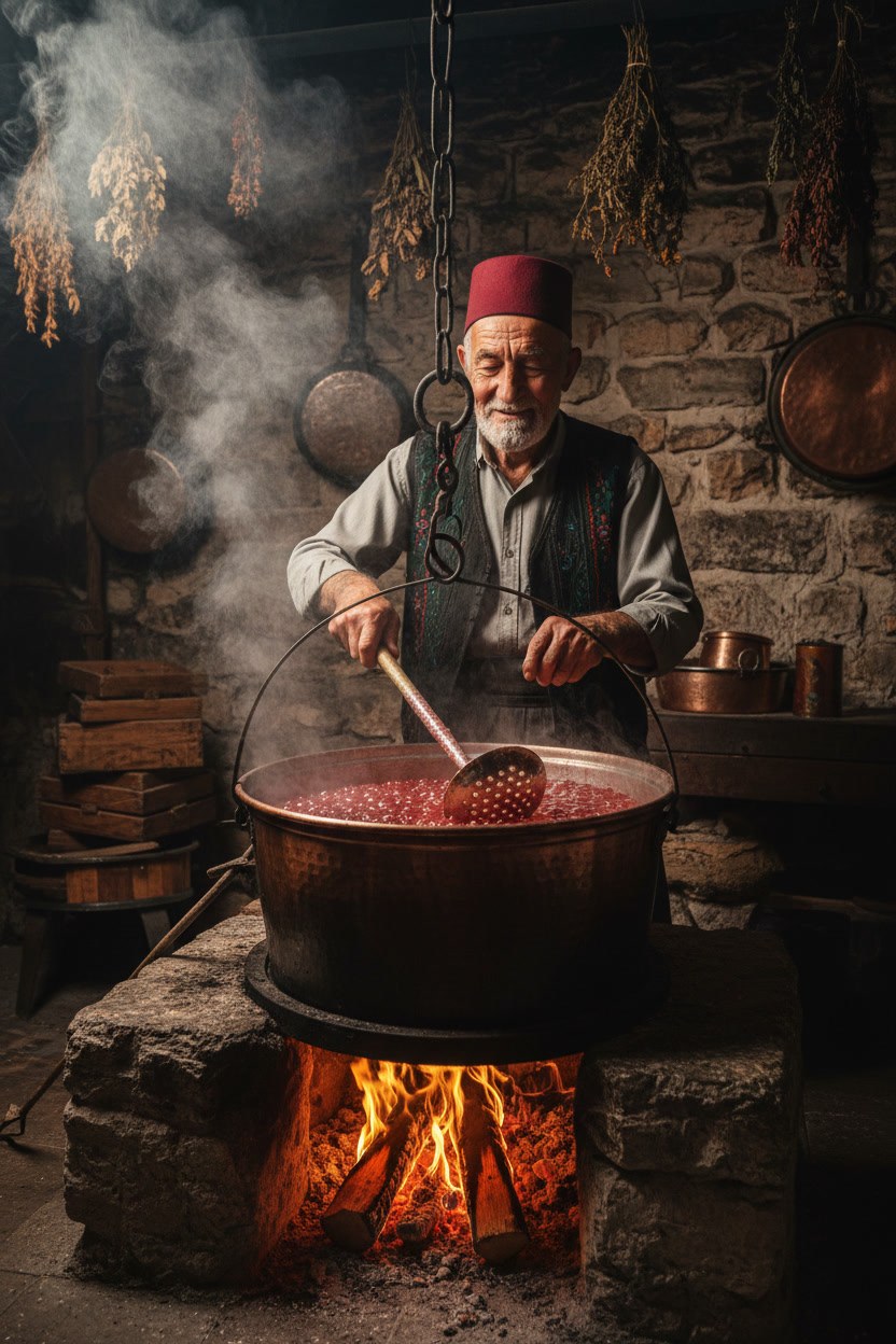 Kurucu Hüseyin Demirok, ocak başında bakır kepçeyle lokum karıştırırken portre